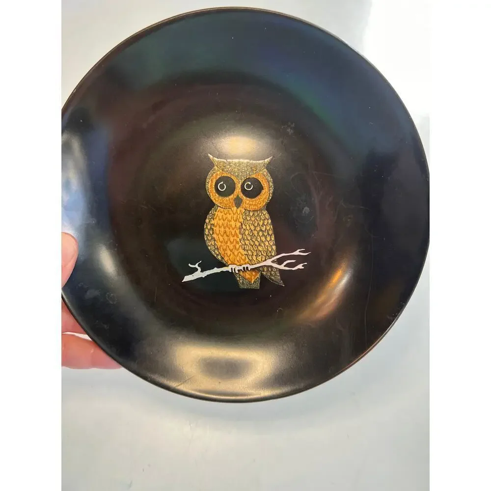 Vintage Couroc of Monterey Owl Inlay Bowl | MCM Black Resin Serving Dish 7.5